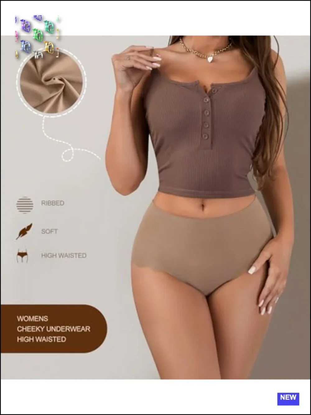 Seamless High Waisted Cheeky Underwear Ribbed Bikini Panties Pack of 5